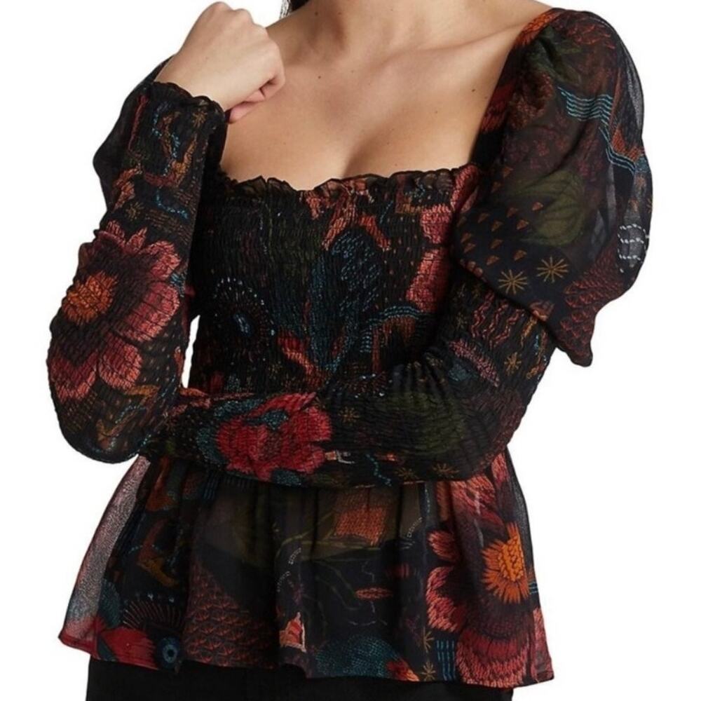 NEW FARM Rio Black River Creatures Smocked Floral Square Neck Chiffon Blouse XS